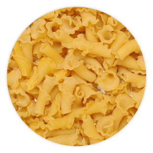 A pile of Campanelle pasta noodles.
