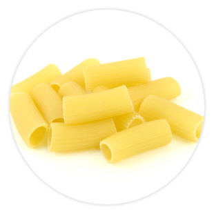 A pile of maccheroni rigate pasta noodles.