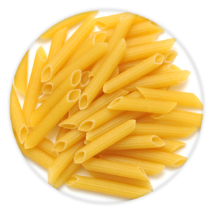 A pile of penne rigate pasta noodles.