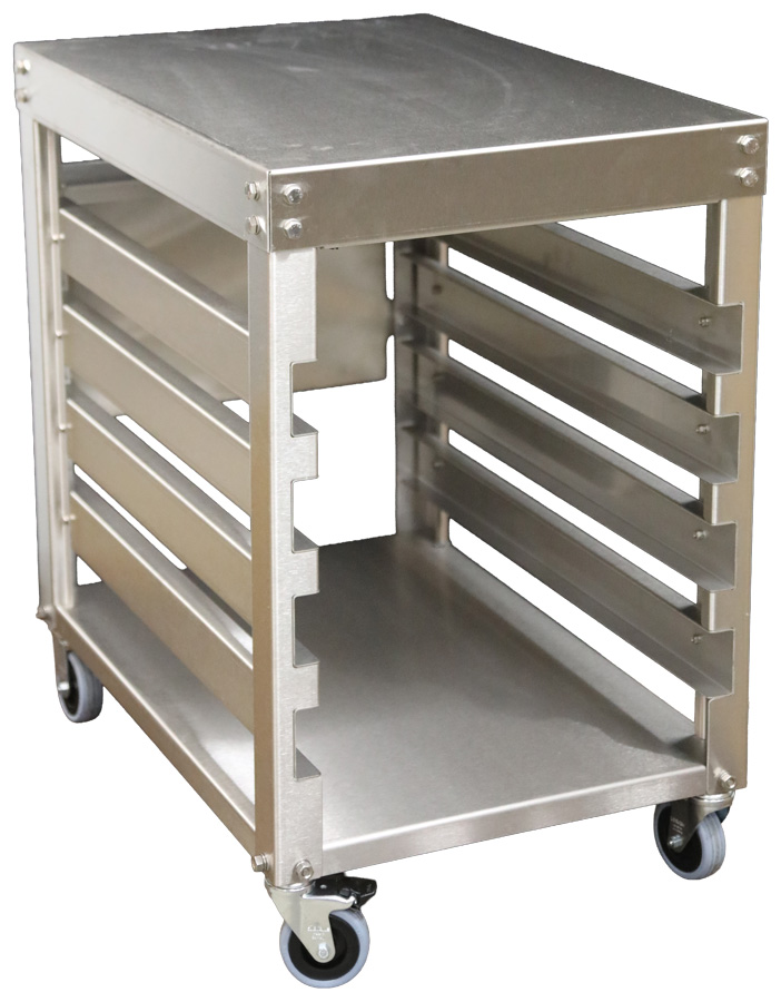 A stainless steel cart at an angle.